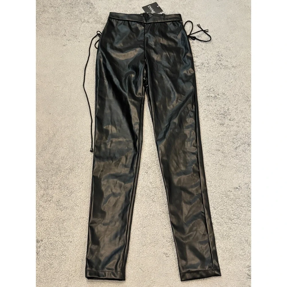 NWT ENVME Vegan Leather Pants Womens Small Black Faux Lace Up Clubwear